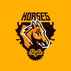 Colorful emblem, badge, logo, horse head. Stallion, animal, pony, sports club, shield, lettering. Vector illustration