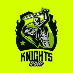 Colorful emblem, logo, badge of a knight riding on a horse and waving with a sword. Swordsman, soldier, warrior, paladin, rider, stallion, mascot, steel, armor, shield, lettering. Vector illustration