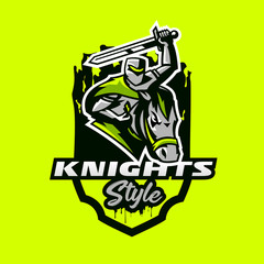 Colorful emblem, logo, badge of a knight riding on a horse and waving with a sword. Swordsman, soldier, warrior, paladin, rider, stallion, mascot, steel, armor, shield, lettering. Vector illustration