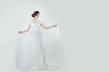 Fototapeta na wymiar Bride woman in wedding dress on white banner background