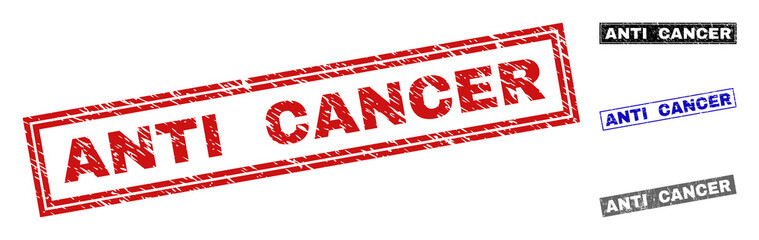 Grunge ANTI CANCER rectangle stamp seals isolated on a white background. Rectangular seals with grunge texture in red, blue, black and grey colors.