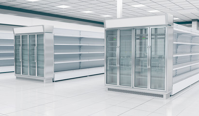 Interior empty supermarket with  showcases freezer. 3d illustration - obrazy, fototapety, plakaty