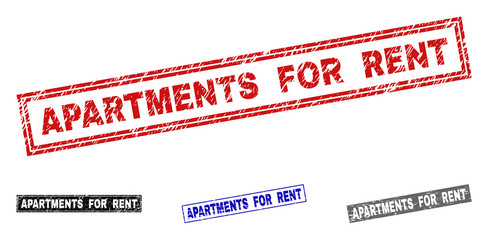 Grunge APARTMENTS FOR RENT rectangle stamp seals isolated on a white background. Rectangular seals with grunge texture in red, blue, black and grey colors.