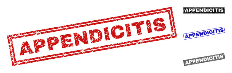 Grunge APPENDICITIS rectangle stamp seals isolated on a white background. Rectangular seals with grunge texture in red, blue, black and gray colors.