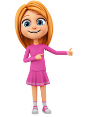 Character cartoon girl points to okay. 3d rendering. Illustration for advertising.