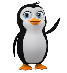 Funny penguin points to an empty space. 3d render illustration.