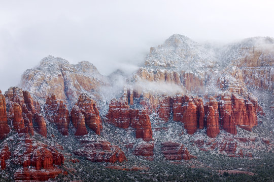 Red rocks covered with snow in Sedona, Arizona.