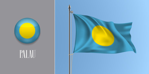 Palau waving flag on flagpole and round icon vector illustration.