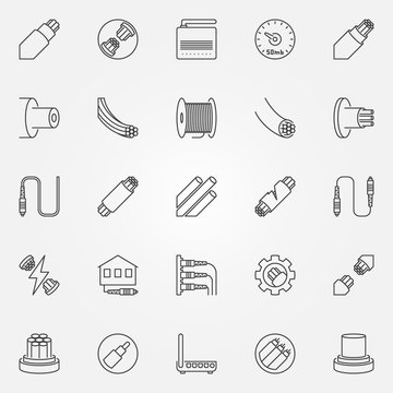 Optical fiber outline icons set. Vector fiber optic cable concept symbols or design elements in thin line style