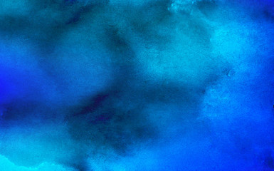 Cosmic neon light blue watercolor background. Paper textured aquarelle deep black canvas for modern creative design. Thunder storm lightning night sky texture multicolor water color paint illustration