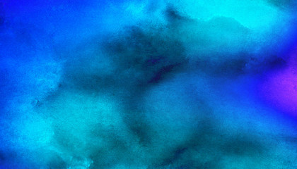Cosmic neon light blue watercolor background. Paper textured aquarelle deep black canvas for modern...