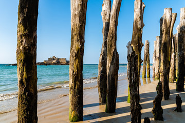 Wooden Poles outside Saint Malo walls at low tide