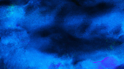 Cosmic neon light blue watercolor background. Paper textured aquarelle deep black canvas for modern creative design. Thunder storm lightning night sky texture multicolor water color paint illustration