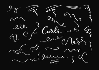 Vector hand drawn decorative curls elements, swirls, flourishes and text calligraphy dividers . Vintage isolated objects