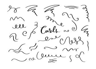 Vector hand drawn decorative curls elements, swirls, flourishes and text calligraphy dividers . Vintage isolated objects