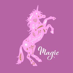 Vector Silhouette of Unicorn in the flower, rustic pattern. Fairy tale forest card, poster, background, tattoo concept