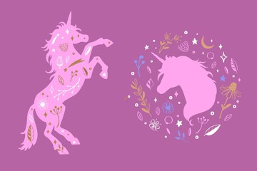 Vector Silhouette of Unicorn and unicorn head in the flower, rustic pattern. Fairy tale forest collection