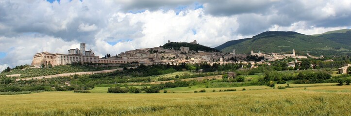 Assisi, Umbria, Italy. Panorama of the hill of the city seen from a hay field in the plain. on the...