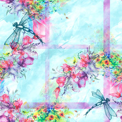 Fototapeta na wymiar Seamless watercolor background with perfume bottle, flowers, paint splash.Watercolor card with a picture of dragonfly,flower branch,sheet,floral pattern.Flower fragrance.Trendy blue vintage background