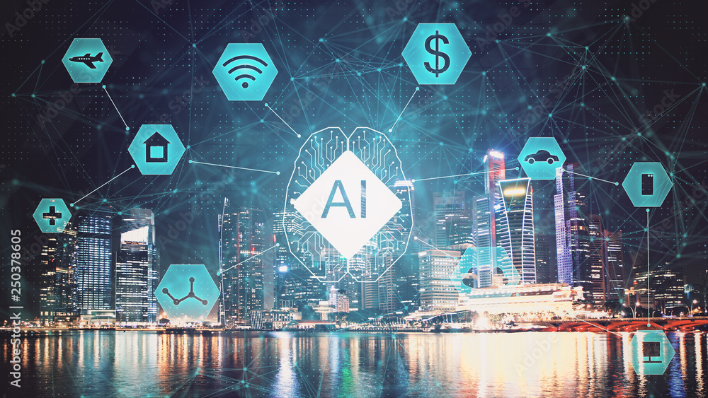 Poster ai (artificial intelligence) concept. deep learning. double exposure city background.