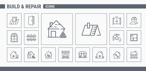 Construction icons set - Vector Outline web badges on the topic of repair - obrazy, fototapety, plakaty