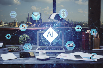 AI (Artificial Intelligence) concept. deep learning. Double exposure desktop background.