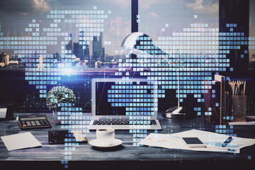 Double exposure of World map polygonal with work space background. Globalization concept.