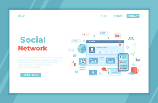Social media network, online internet communication. Website page social Interface. Mobile and computer user screens, home page. landing page template or web banner.