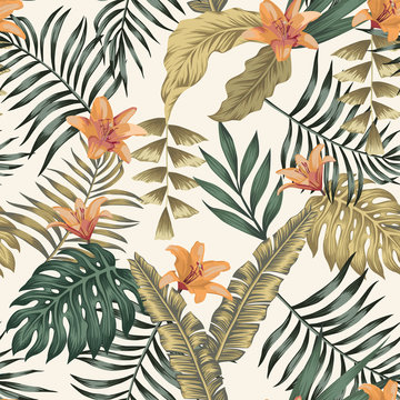 Tropical leaves and flowers abstract colors seamless white background