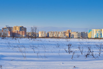 winter city in the morning sunrise