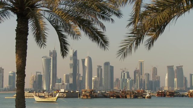 WS Dhows moored in Doha Bay, city skyline  in background / Doha, Qatar