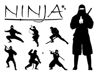 Set of Ninja Silhouette vector illustration, Ninja Weapon silhouette. Ninja japanese warrior silhouettes. All in a single layer. Vector illustration. © thailerderden10