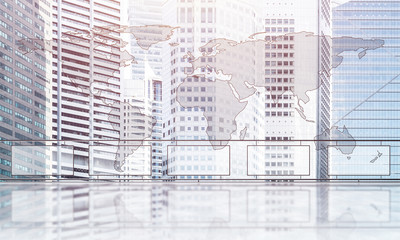 Obraz premium Concept of global communication and networking with world map over cityscape