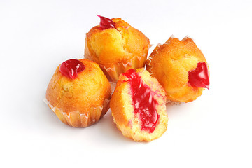 Cupcake with red jam on a white background