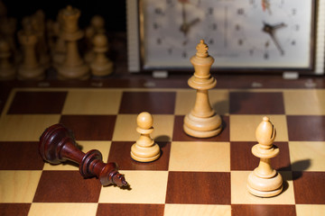 White's victory on the chessboard. The king fell.Strategy, victory, intelligence.