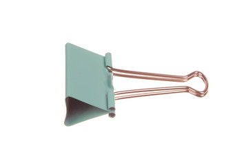 Green  paper clip isolated on white background