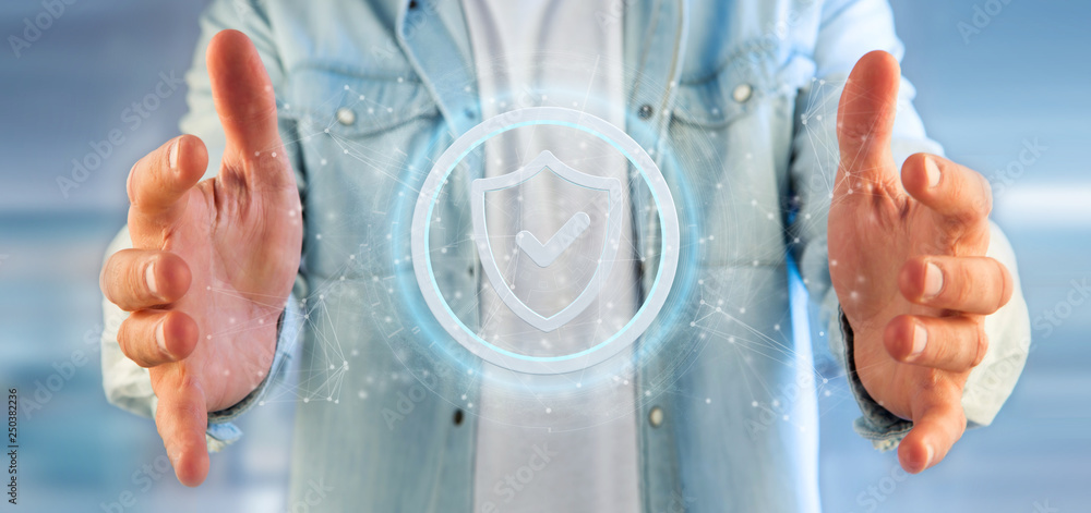 Poster man holding a shield web security concept 3d rendering