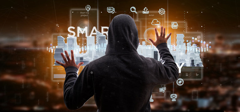 Hacker man holding Smart city user interface with icon, stats and data 3d rendering