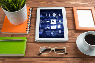 Business still life concept with office stuff on wooden table