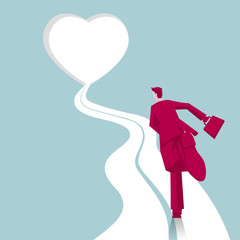 The businessman is running. A road leads to a heart-shaped door.