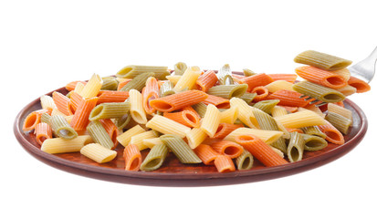 Penne rigate in porcelain bowl isolated on white background