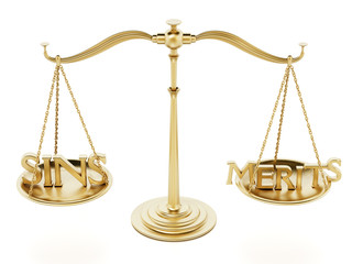 Balanced scale with sins and merits on two sides. 3D illustration