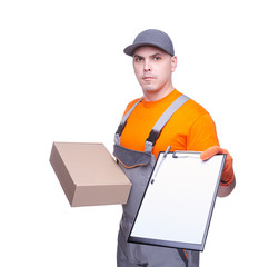 Courier deliver cargo isolated on white background