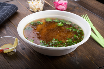 Vientamese traditional beef noodle soup pho bo with ingredients