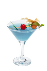 Glass of fresh cocktail on white background