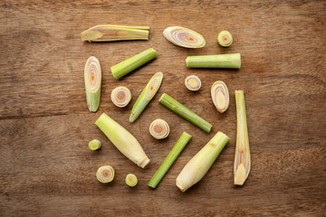 lemongrass slices on wood background.