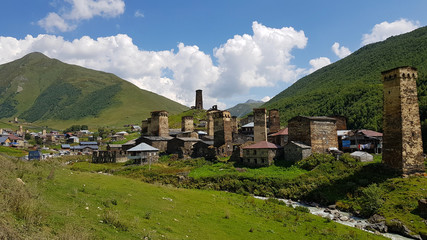 Fototapeta na wymiar The tower-houses of the village of Ushguli in Svaneti in Georgia are recognized as UNESCO World Heritage Site