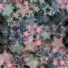 Seamless pattern patchwork design. Chaotic print with scribble stars and lines. Watercolor effect. Suitable for bed linen, leggings, shorts and fashion industry.
