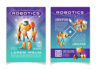 Robotics and artificial intelligence technologies exhibition advertising flyer cartoon vector pages template. Computer game fans conference promo brochure. Futuristic cyborgs characters illustration