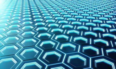 Fototapeta premium Glowing black and blue hexagons background pattern on silver metal surface 3D rendering